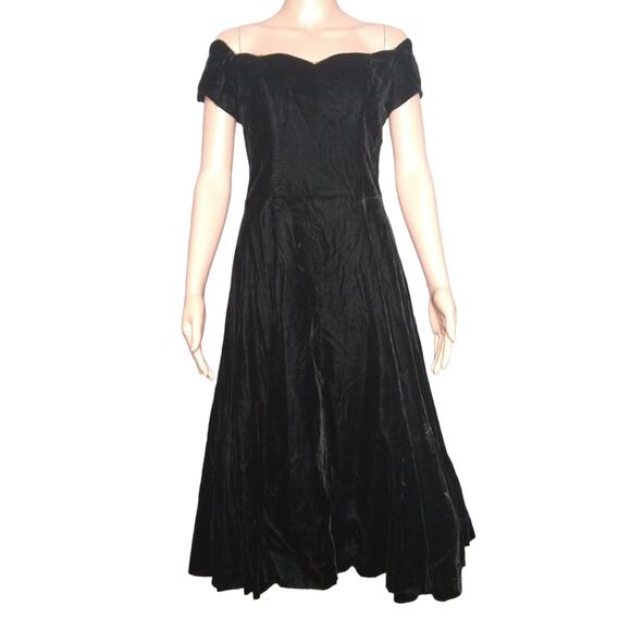 80's Vintage Off the Shoulder Velvet Midi Dress size 6 Petite - Picture 1 of 6